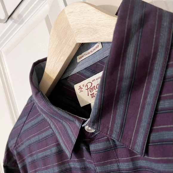 Original Penguin Men's Large Blue/Purple Striped Heritage Slim Fit Shirt - Picture 3 of 5